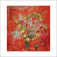 Marc Chagall Fleurs sur fond rouge Art Print 70x70cm | Yourdecoration.com