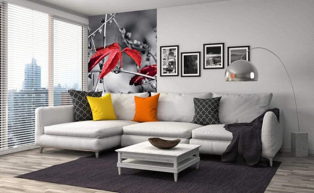Dimex Red Leaves on Black Wall Mural 150x250cm 2 Panels Ambiance | Yourdecoration.com