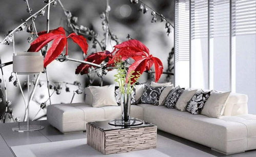 Dimex Red Leaves on Black Wall Mural 375x250cm 5 Panels Ambiance | Yourdecoration.com