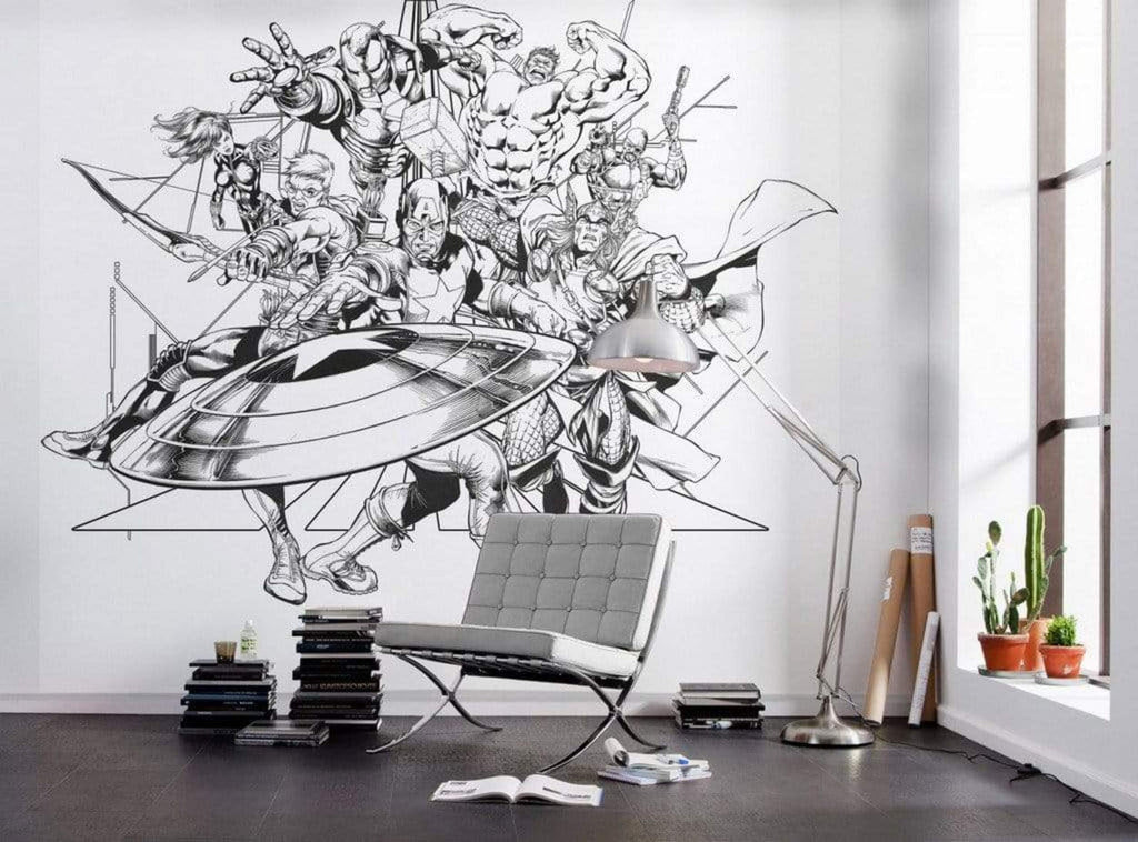 Komar Avengers Black and White Non Woven Wall Mural 300x280cm 6 Panels Ambiance | Yourdecoration.com