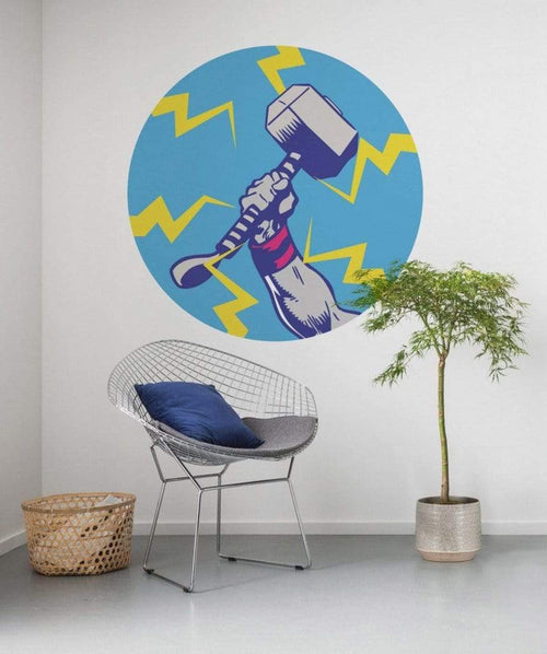 Komar Avengers Thors Hammer Pop Art Self Adhesive Wall Mural 125x125cm Round Ambiance | Yourdecoration.com