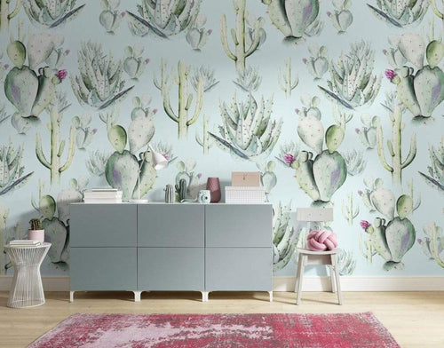 Komar Cactus Blue Non Woven Wall Mural 400x250cm 4 Panels Ambiance | Yourdecoration.com