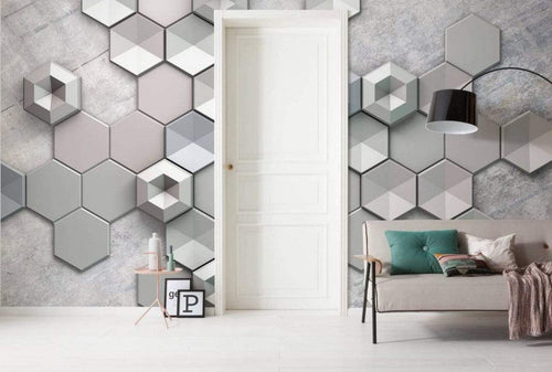Komar Hexagon Concrete Non Woven Wall Mural 400x250cm 4 Panels Ambiance | Yourdecoration.com